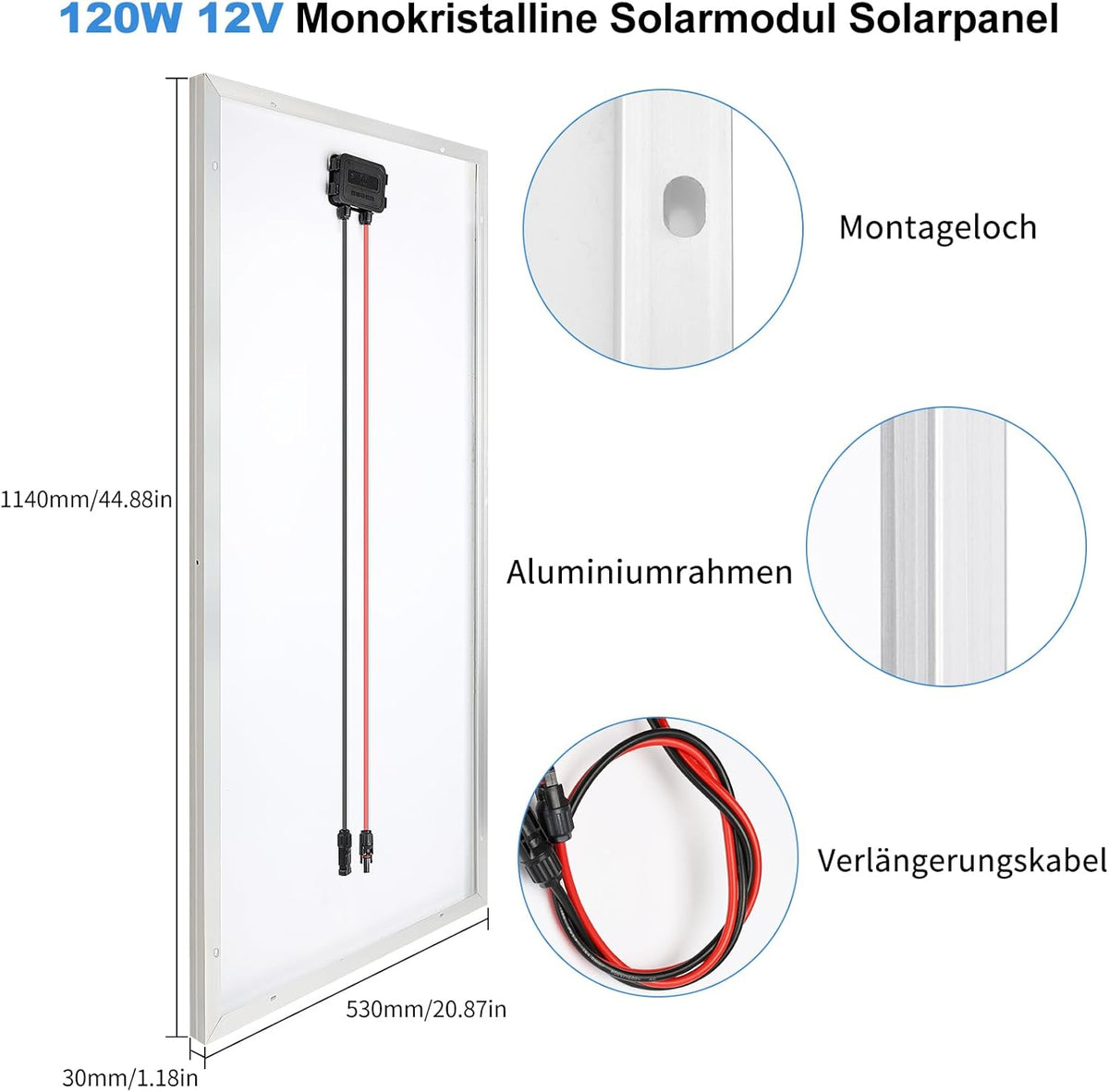 Monokristallijn Zonnepaneel-Kit, 120W, 12V Zonnepaneel, 120 Watt, bevat 20A Bluetooth Zonne-Laadregelaar + 5M Zonnekabel + Z-brackets voor Camper, Boot, Caravan, Huishouden