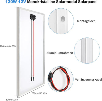 Monokristallijn Zonnepaneel-Kit, 120W, 12V Zonnepaneel, 120 Watt, bevat 20A Bluetooth Zonne-Laadregelaar + 5M Zonnekabel + Z-brackets voor Camper, Boot, Caravan, Huishouden