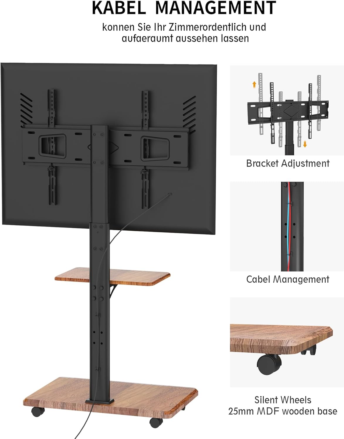 Mobiele Tv-standaard Met Houten Voet – Verrijdbare Tv-standaard – Tv-standaard Op Wielen – Tv-Trolley – Tv-Onderstel – Voor 32-70 Inch, Tot 45 Kg – In Hoogte Verstelbaar Tot Ca. 130 Cm, Draaibaar ±25 Graden