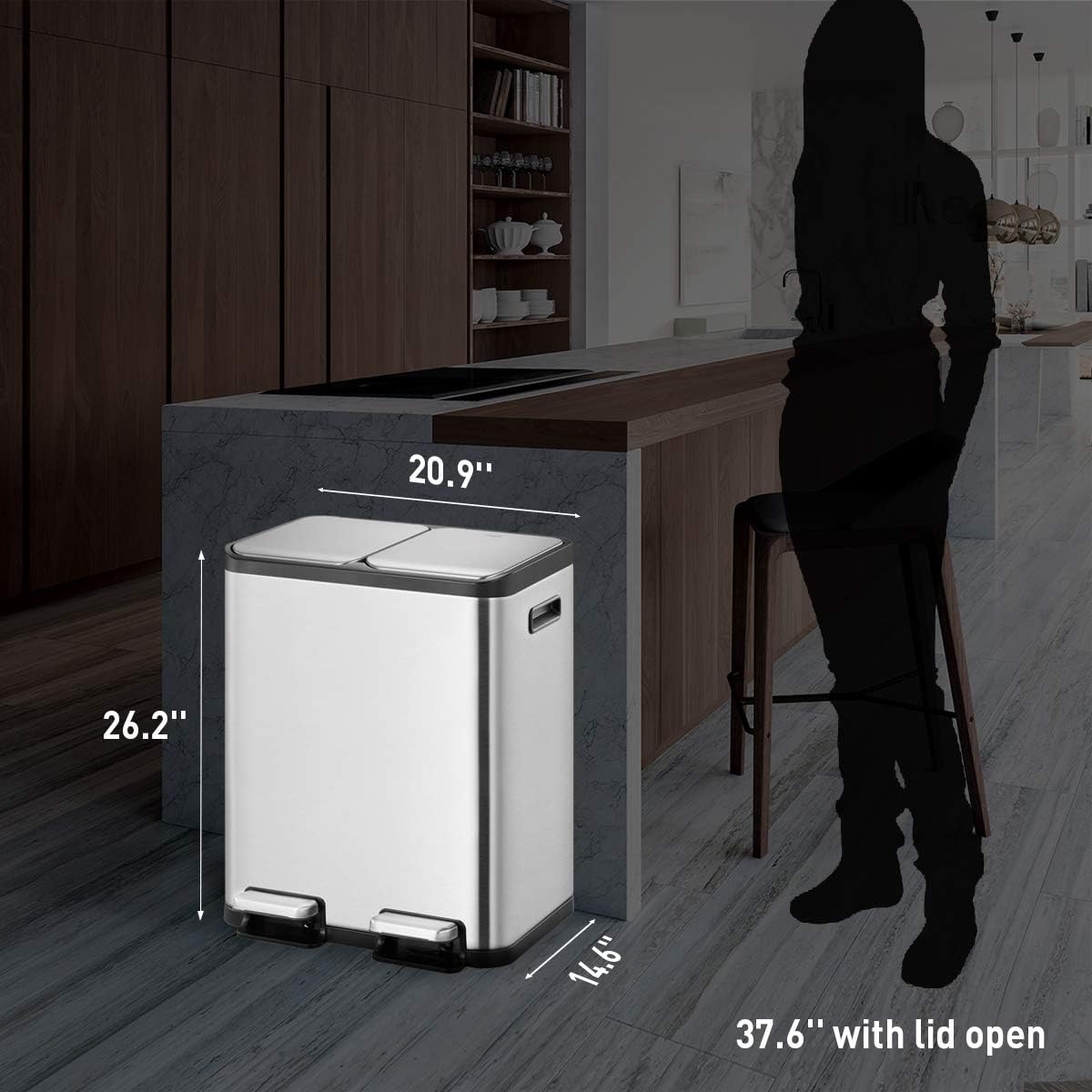 EKO Prullenbak voor in de keuken met twee compartimenten, geborstelde roestvrijstalen afwerking, 30 l + 30 l (softclose)