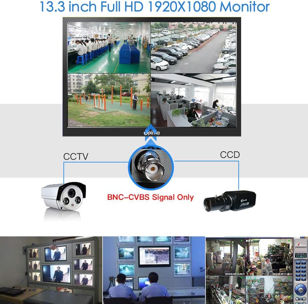 13,3 inch CCTV-monitor, IPS-scherm, videobeveiliging, Full HD, 1920 x 1080, bewakingsmonitor, bewakingscamera, AV/HDMI/BNC/VGA/USB/pc, multifunctionele ingang omschakeling