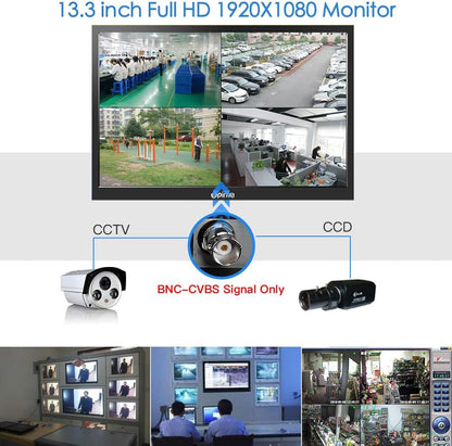 13,3 inch CCTV-monitor, IPS-scherm, videobeveiliging, Full HD, 1920 x 1080, bewakingsmonitor, bewakingscamera, AV/HDMI/BNC/VGA/USB/pc, multifunctionele ingang omschakeling