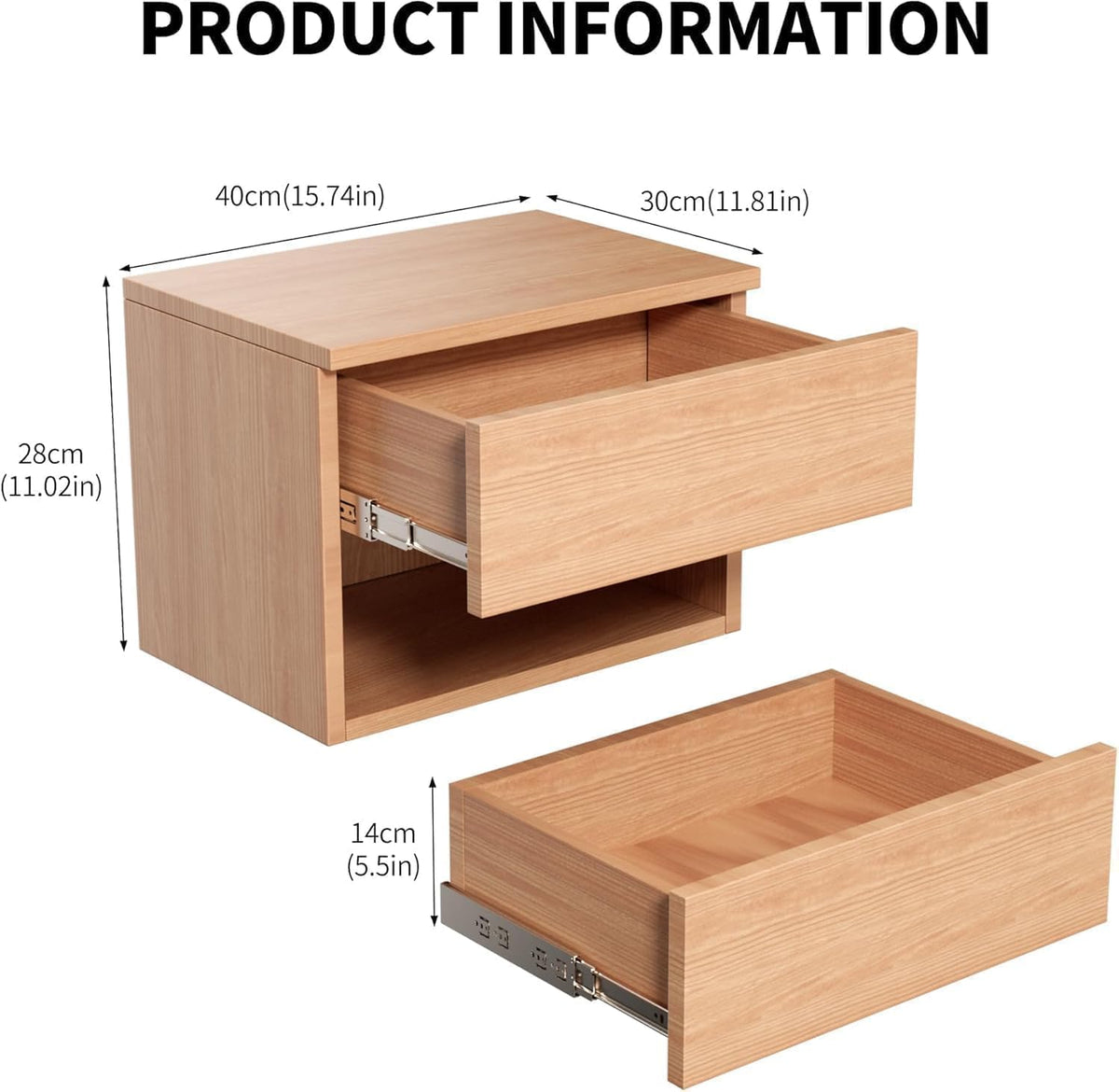 Drijvend nachtkastje, modern wandgemonteerd plank en bureau, bijzettafel houten lade, houten modern nachtkastje voor slaapkamer (beuken TC2, set van 2)