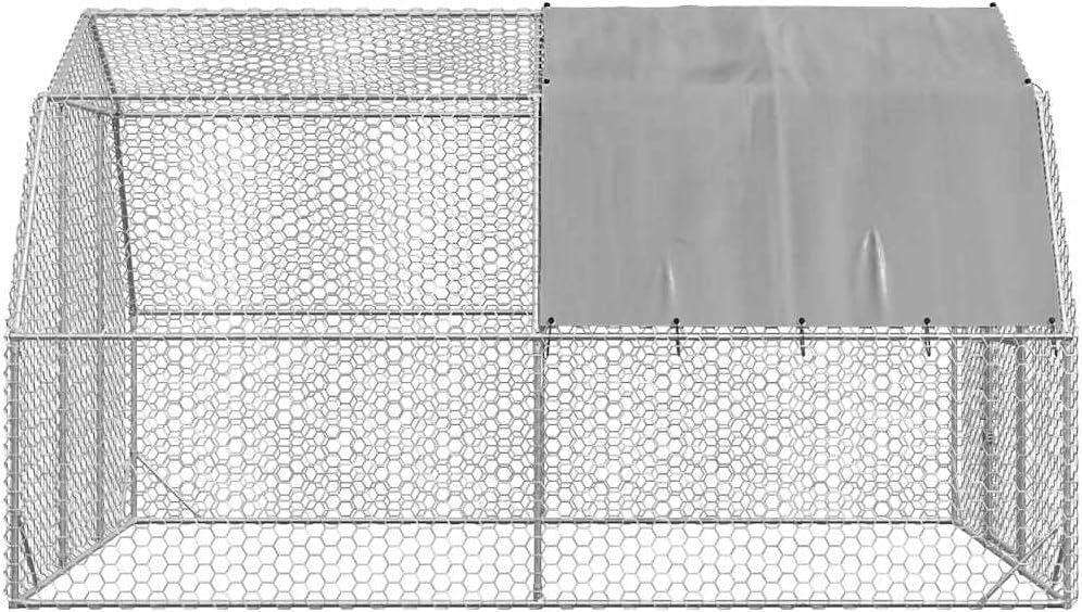 Chicken Coop with Roof, 2.5 x 4 x 2.25 m, Galvanised Steel, Small Animal Hutch, Cage, Chicken Coop, Outdoor Enclosure - QUORE