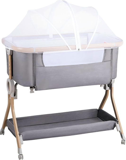 Larex Bijzetbed voor baby's, 3-in-1 babybed met muggennet, opbergtas en mand, in hoogte verstelbaar 5-traps babybed, 4 wielen met rem, ademend matras en mesh (donkergrijs)