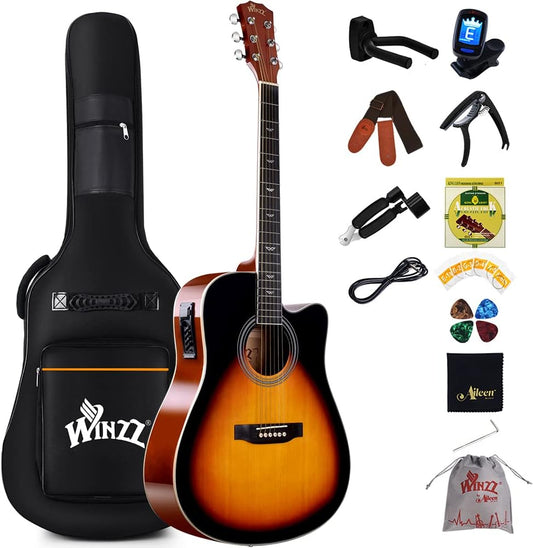 Winzz 4/4 elektrische akoestische gitaar, westerngitaarset voor volwassenen, akoestische gitaar 41 inch met 4-bands equalizer (dreadnought,glanzend)