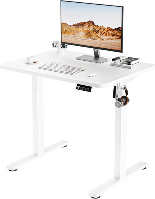 ERGOMAKER Standing Desk 80x60cm, Electric Height Adjustable Desk, Computer Desk with Memory Function & Hooks, White