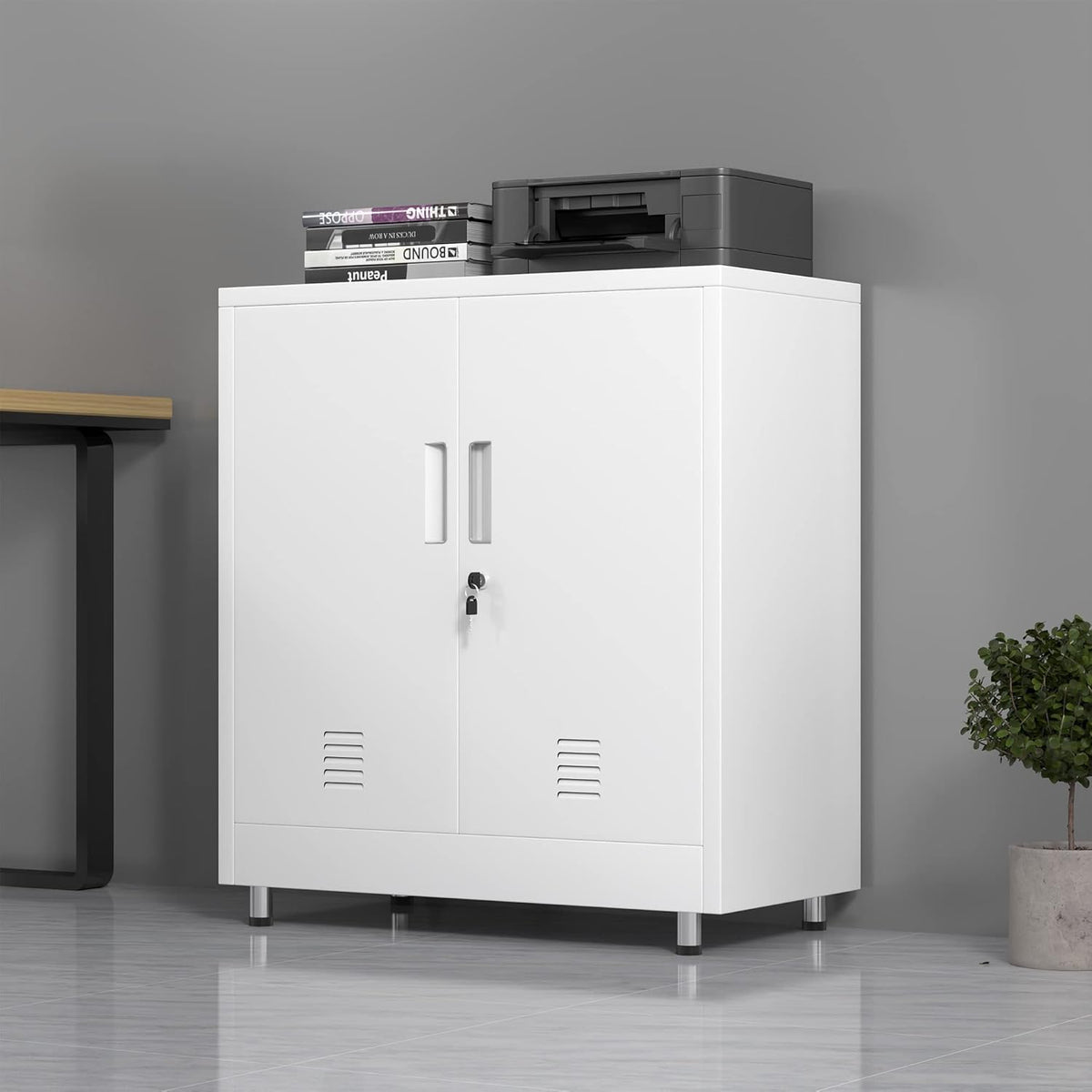 Metalen opbergkast met afsluitbare deuren en verstelbare plank, klein dressoir afsluitbare zijkast voor thuis, kantoor, hal, entree, woonkamer, eetkamer (wit)