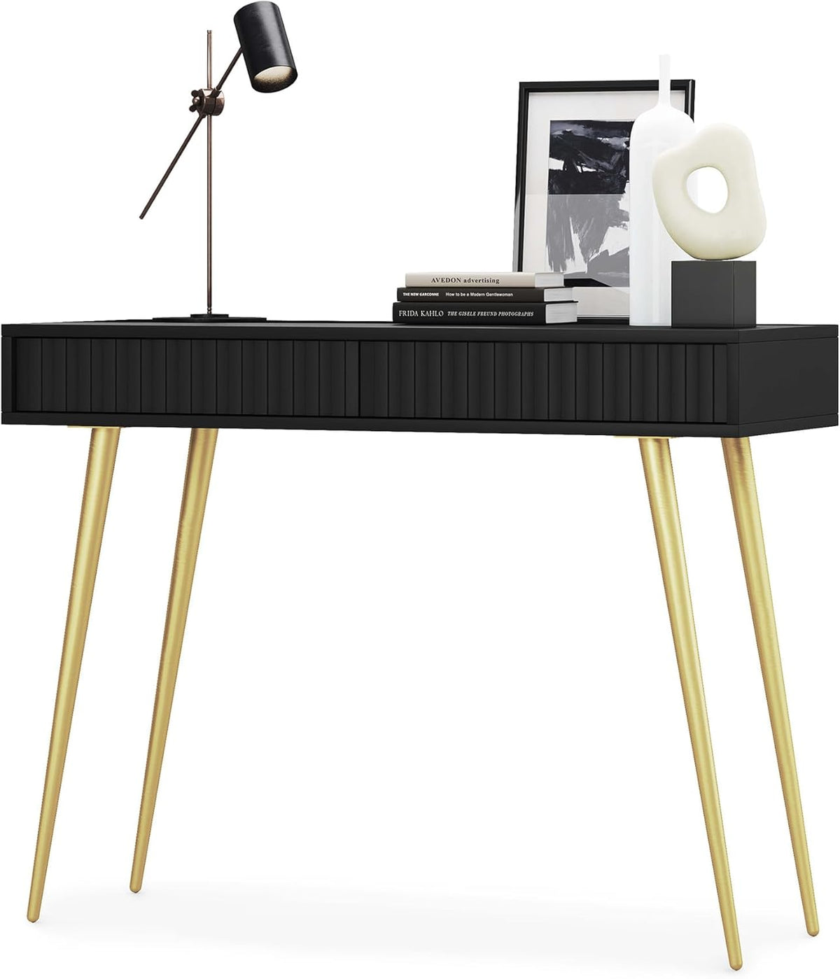 Selsey Bello Make-uptafel met 2 laden op goudkleurige poten, 104 x 80 cm, opbergkast, zwart, make-uptafel