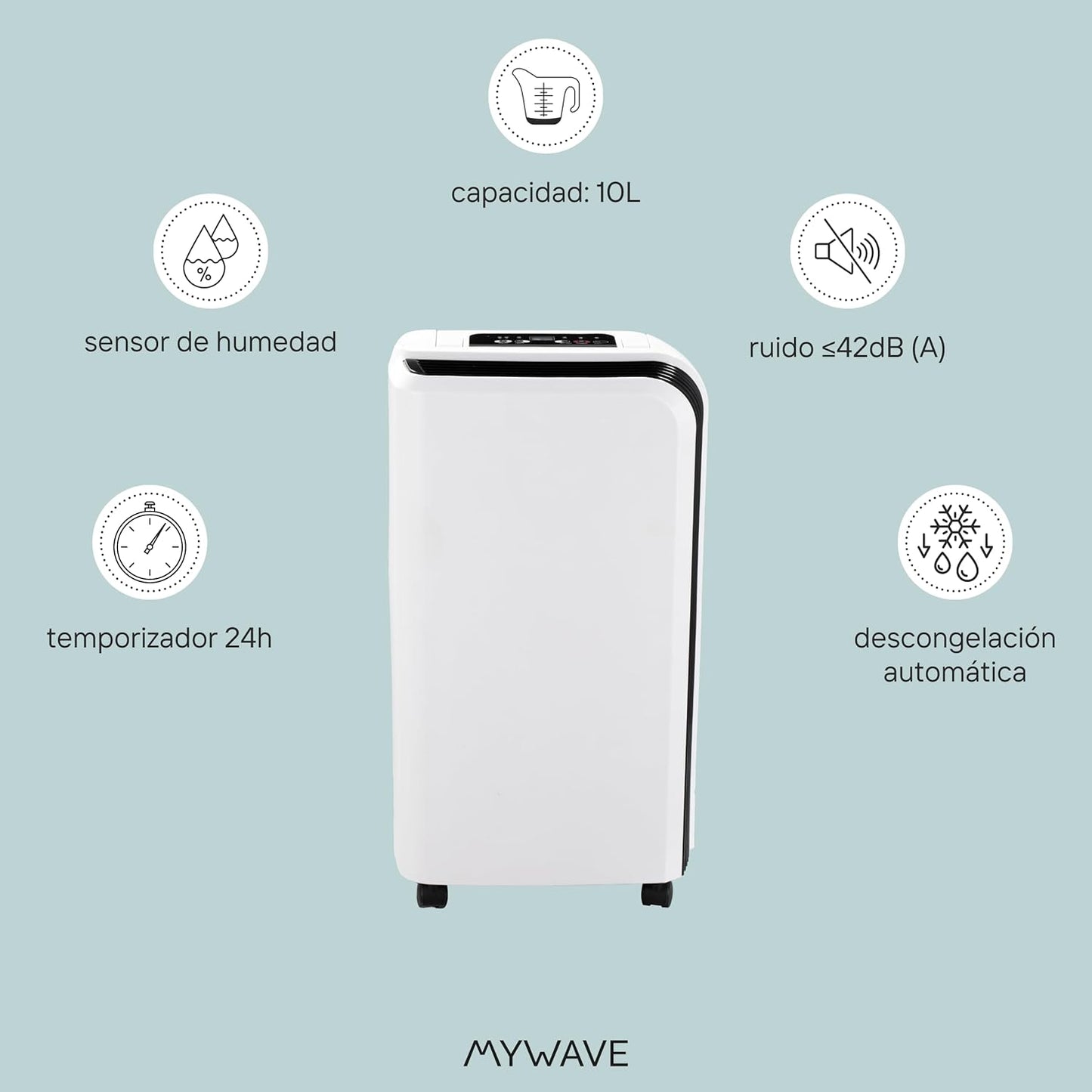 My Wave Draagbare luchtontvochtiger, 10 l, vermindert vocht, anti-schimmel, ideaal voor ruimtes tot 15 m², timer voor maximaal 24 uur en controlelampje