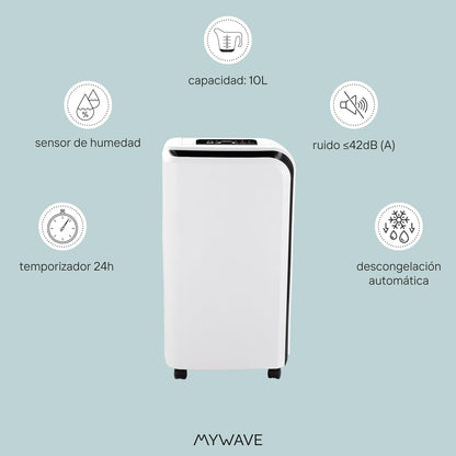 My Wave Draagbare luchtontvochtiger, 10 l, vermindert vocht, anti-schimmel, ideaal voor ruimtes tot 15 m², timer voor maximaal 24 uur en controlelampje