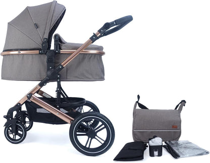 Pixini Neyla Combi kinderwagen met stoffen kuip, buggy, luiertas, drankhouder, regenzeil, muggennet, aankleedkussen (goud/bruin)