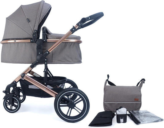 Pixini Neyla Combi kinderwagen met stoffen kuip, buggy, luiertas, drankhouder, regenzeil, muggennet, aankleedkussen (goud/bruin)