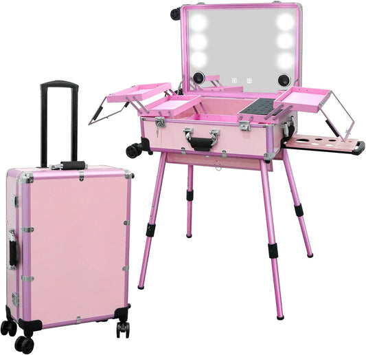 EBANKU Professionele Make-upkoffer, Rolling Makeup Travel Case Trolley Cosmetic Case met Verlichte Spiegel en Bluetooth, Multifunction Artist Cosmetic Case Hairdressing Trolley(Roze)