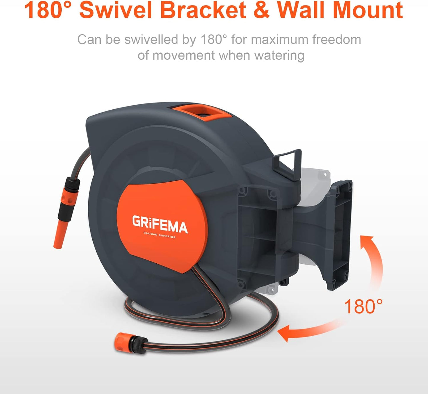 GRIFEMA G301-25 Persluchtslanghaspel, Slanghaspel met Automatische Oproller voor Perslucht Slang, 180 ° Muur Draaibaar, （Slang: 25m+1.5m）