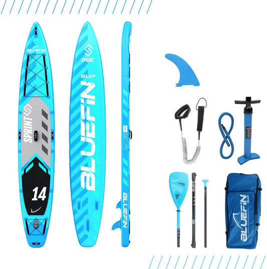 Bluefin Sprint SUP Tourpakket | 14' Staand Opblaasbaar Peddelbord | 6" Dik | Lichte Glasvezel Peddel | Expeditie Lengte | Vrachtruimte | Alle Accesoires | 5 Jaar Ganatie