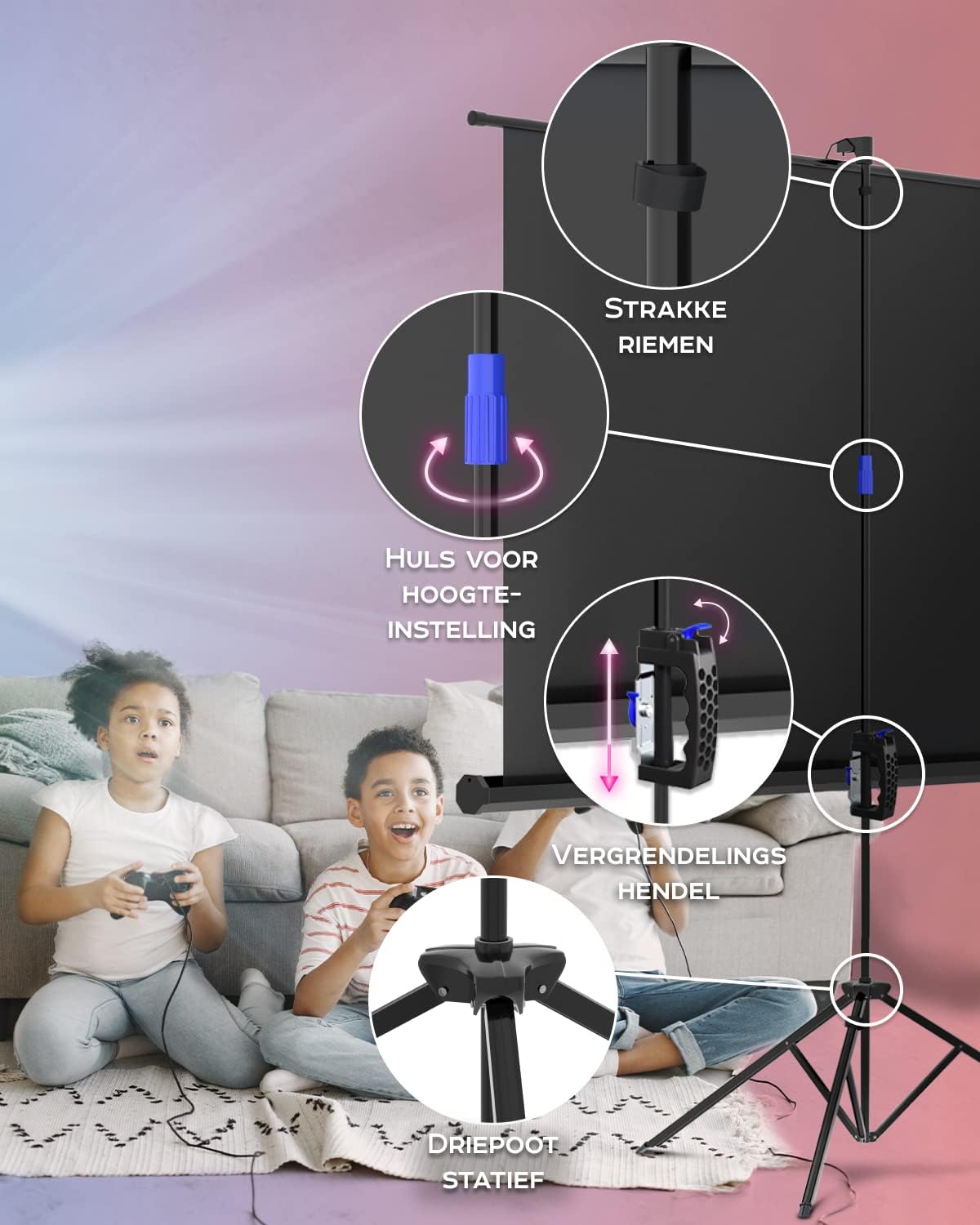 PropVue Projectorscherm met standaard, 84 inch (ca. 213 cm), 16:9 HD premium kreukvrij statiefscherm voor projector, met draagtas en strakke riemen