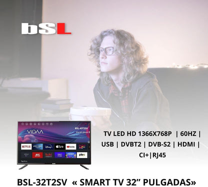 BSL-32T2SV VIDAA Smart TV 32 inch | WiFi | RJ45 | Res. HD1366X720p | USB | DVBT2/S2/C | Compatibel met Youtube, Netflix, Disney +, Dazn, Prime | HDMI