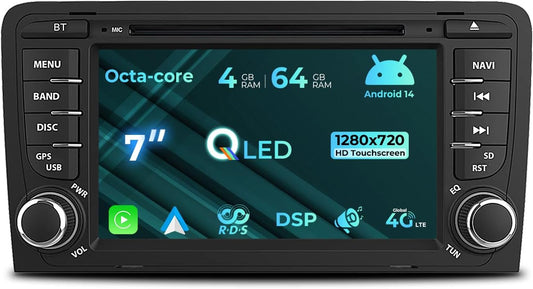 7 inch autoradio voor Audi A3 S3 RS3 8P met cd-/dvd-speler, 8-core 4+64GB head-unit Ingebouwde gyroscoop Draadloze Carplay/Android Auto GPS-navigatie WiFi 4G Bluetooth FM/AM RDS DSP SWC