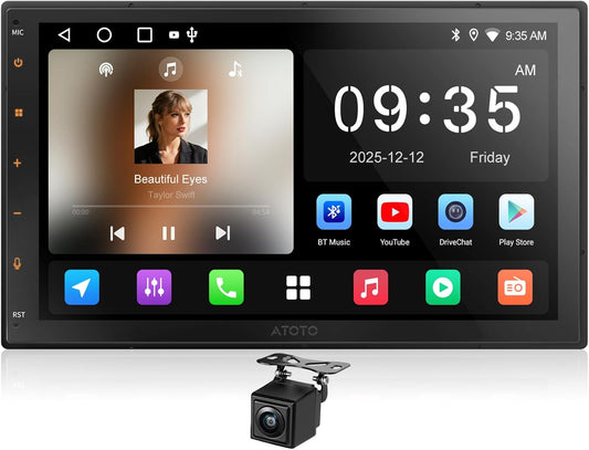 ATOTOZONE Android Autoradio Dubbele Din, Draadloze CarPlay Android Auto, 7 Inch Touchscreen Autoradio met GPS Navigatie WiFi/BT/SUB, 24-Band EQ, Mirror Link, Achteruitrijcamera, A5LG2B7T-S01