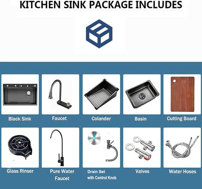 Waterval Gootsteen, Waterval Spoelbak Keuken, 304 Roestvrij Staal Gootsteen met Enkele Spoelbak met Uittrekbare Keukenkraan en Meerdere Accessoires Waterfall Kitchen Sink (Wit, 85x45x20cm)