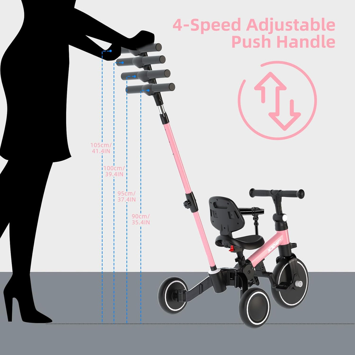 XJD 5-in-1 driewieler, loopfiets vanaf 1 jaar met duwstang voor kinderen vanaf 1 - 4 jaar, loopfiets met afneembare pedalen en verstelbare zitting, kinderdriewieler, babyfiets (roze)