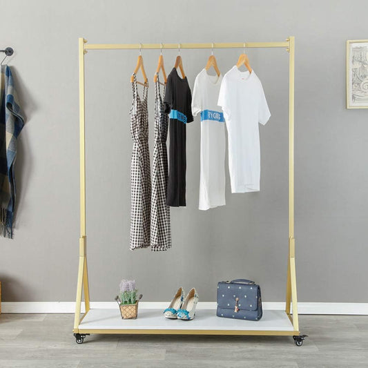 Kledingrek – Garderoberek – Kledingstandaard – Hangrek – Vrijstaand Kledingrek Goudkleurig – Metalen Frame En Houten Plank – Met 4 Rubber Wielen En Verstelbare Antislipvoeten