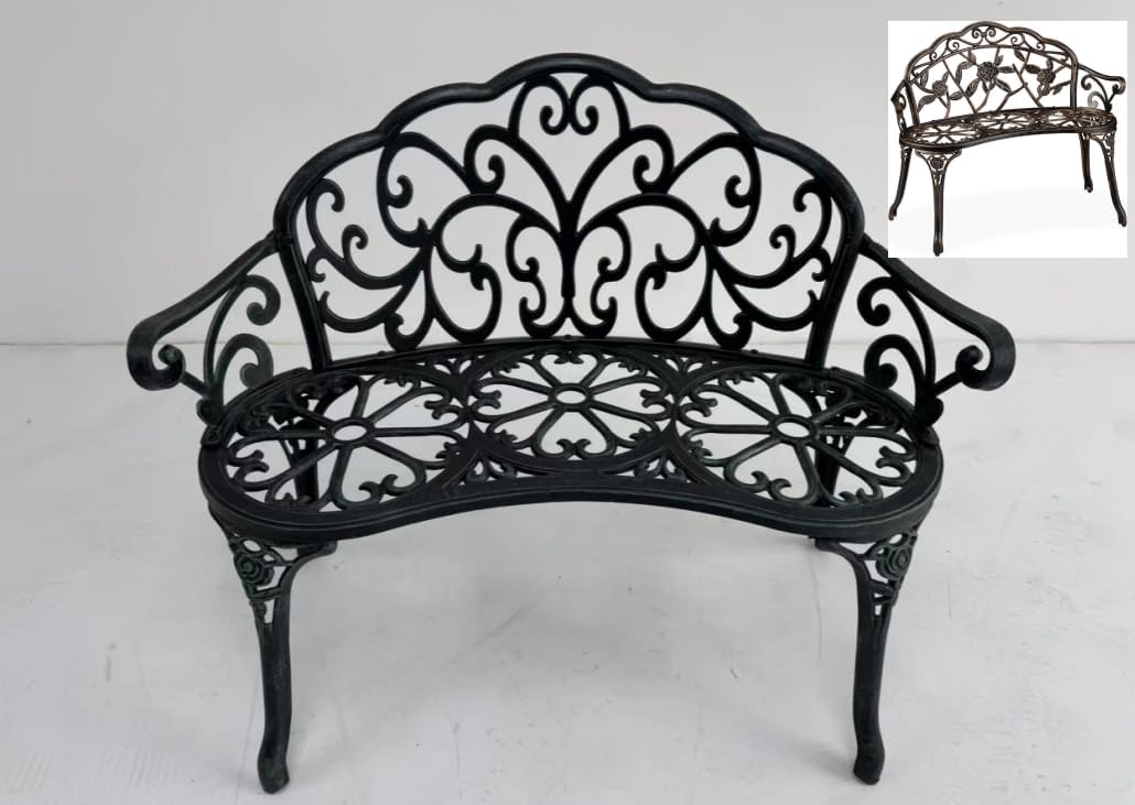 Pamapic Tuinbank, 2-zits, opengewerkt snijdesign, vintage zitbank met rugleuning, armleuning voor tuin, terras en balkon, aluminium, 99,5 x 56,5 x 78,5 cm, brons
