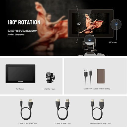 NEEWER 5,5 inch monitor camera, touchscreen IPS HD 1920x1080 1575nit, Loop in/out HDMI 4K met LUT 3D Peak Focus DSLR Video Assist HDR Waveform, batterij F750 5200mAh, DC7-24V/Type C 5V In, F500 PRO