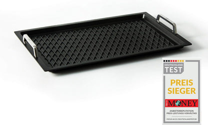 Klaus grillt Gastronorm grillplaat GN 1/1 met BBQ-grillbasis voor inductie door AMT Gastroguss 53 x 33 cm 2 cm hoog met roestvrijstalen handgrepen Lotan® antiaanbaklaag AMZN-KG-I-2533-G-BBQ