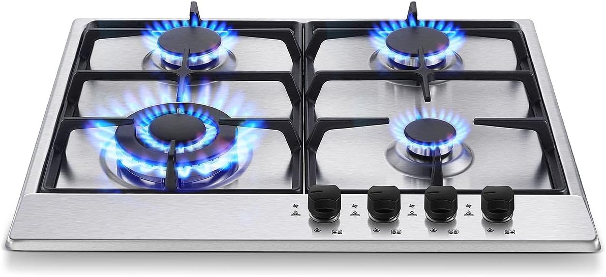 Gaskookplaat – Gasfornuis – Inbouwkookplaat – 4-pits Kookplaat – Gasstel – Roestvrij Staal – Automatische Vlambescherming – 8060 W Vermogen