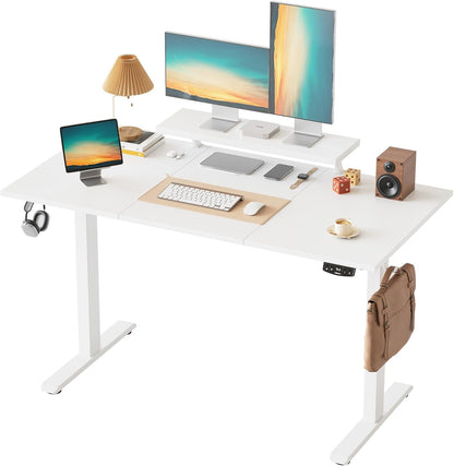 Klicelor In hoogte verstelbaar bureau met beweegbare monitorstandaard, 140x60cm, Zit-Sta bureaux met 2 geheugenknoppen, 3-delige tafelblad, Computertafel, Wit