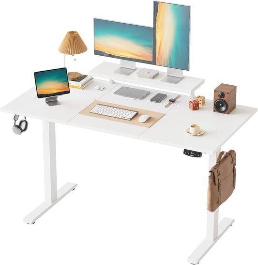 Klicelor In hoogte verstelbaar bureau met beweegbare monitorstandaard, 140x60cm, Zit-Sta bureaux met 2 geheugenknoppen, 3-delige tafelblad, Computertafel, Wit