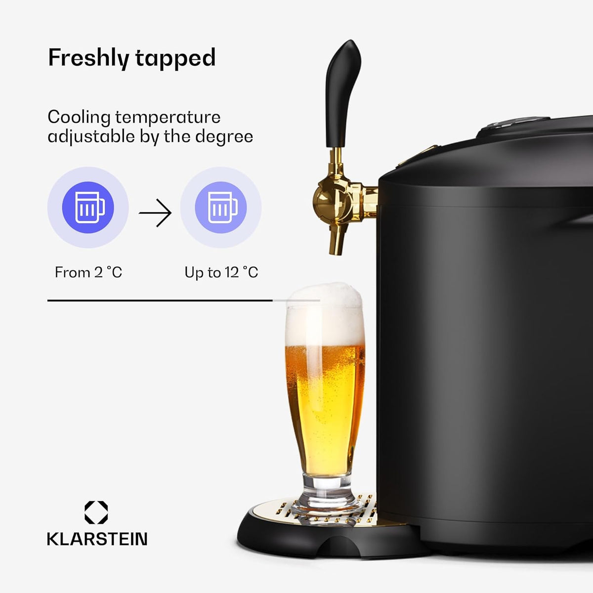 KLARSTEIN Beerkules Bierdispenser - 5 liter vaatcompatibiliteit, ultrasnelle koeling, instelbare temperatuur, CO2-cartridgesysteem, LCD-display, zwart-goud - perfecte biermachine voor thuisbars
