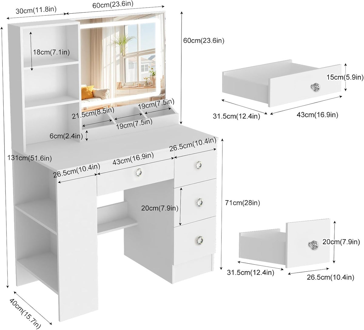 3-in-1 Kaptafel: Make-up, Bureau & Nachtkastje | Moderne Witte Kaptafel met Slimme LED Spiegel & 4 Lades