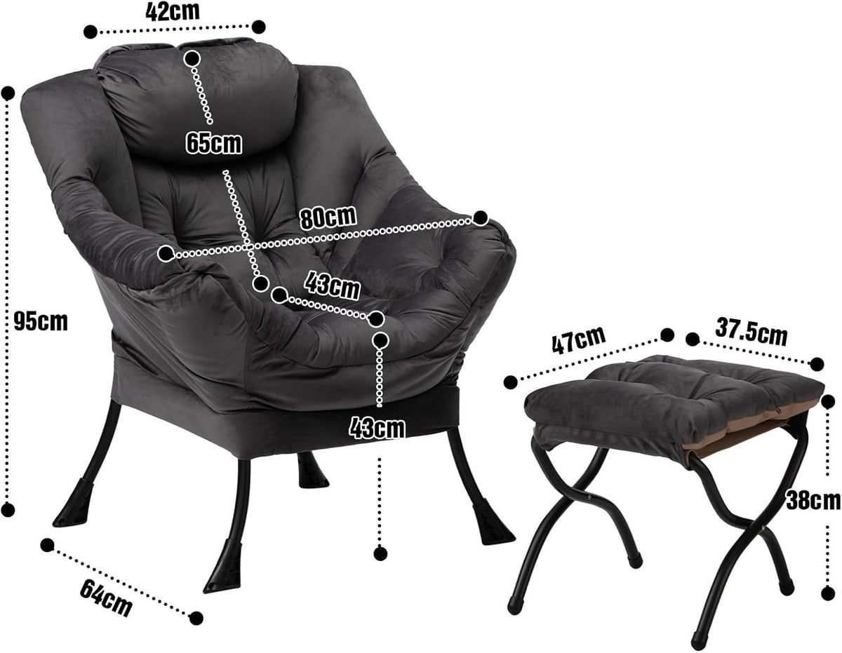 HollyHOME Relax Fauteuil met Voetenbank Woonkamer Stoel Slaapkamer Stoel Lounge Stoel met Armleuningen Leesstoel Accentstoel met Stalen Frame, Donkergrijs