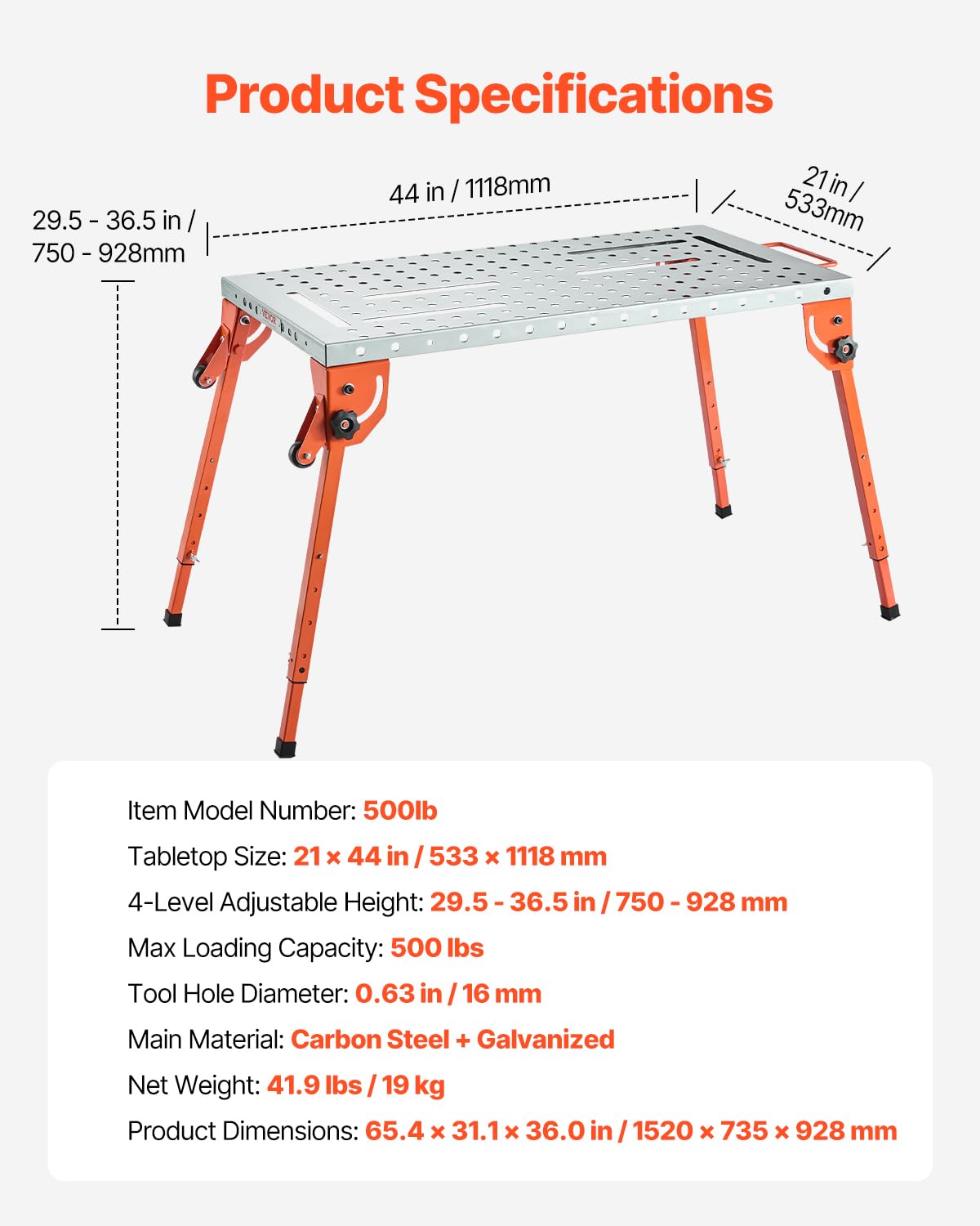 VEVOR Folding Welding Table 44" x 21", 500lbs Capacity Welding Workbench with 4 Levels Adjustable Height, Carbon Steel Workbench with 6 Tool Slots and 1.5cm Fixture Holes for Welding Assembly