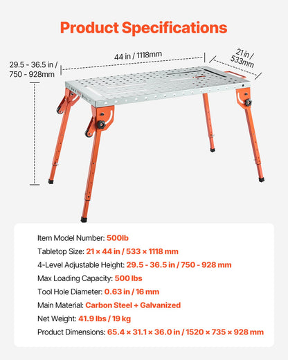 VEVOR Folding Welding Table 44" x 21", 500lbs Capacity Welding Workbench with 4 Levels Adjustable Height, Carbon Steel Workbench with 6 Tool Slots and 1.5cm Fixture Holes for Welding Assembly