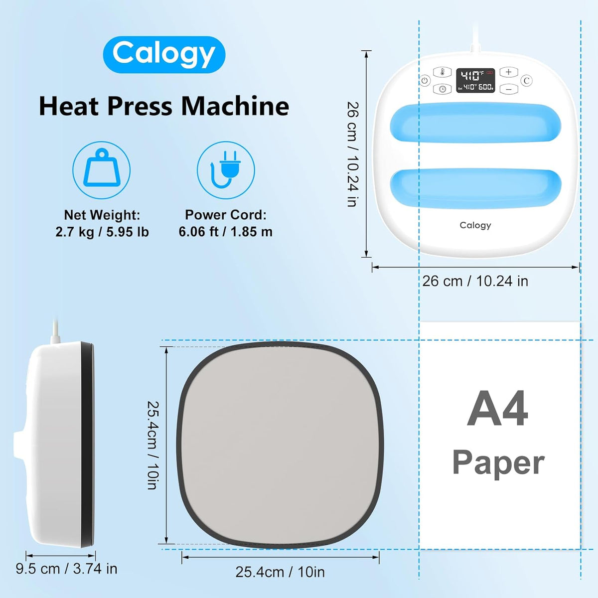 Calogy Warmtepersmachine Voor T-Shirts 10"X10", Draagbaar Sublimatieijzer Voor Tassen, Kussens, Htv Vinyl Transfer Projecten (Wit Blauw)