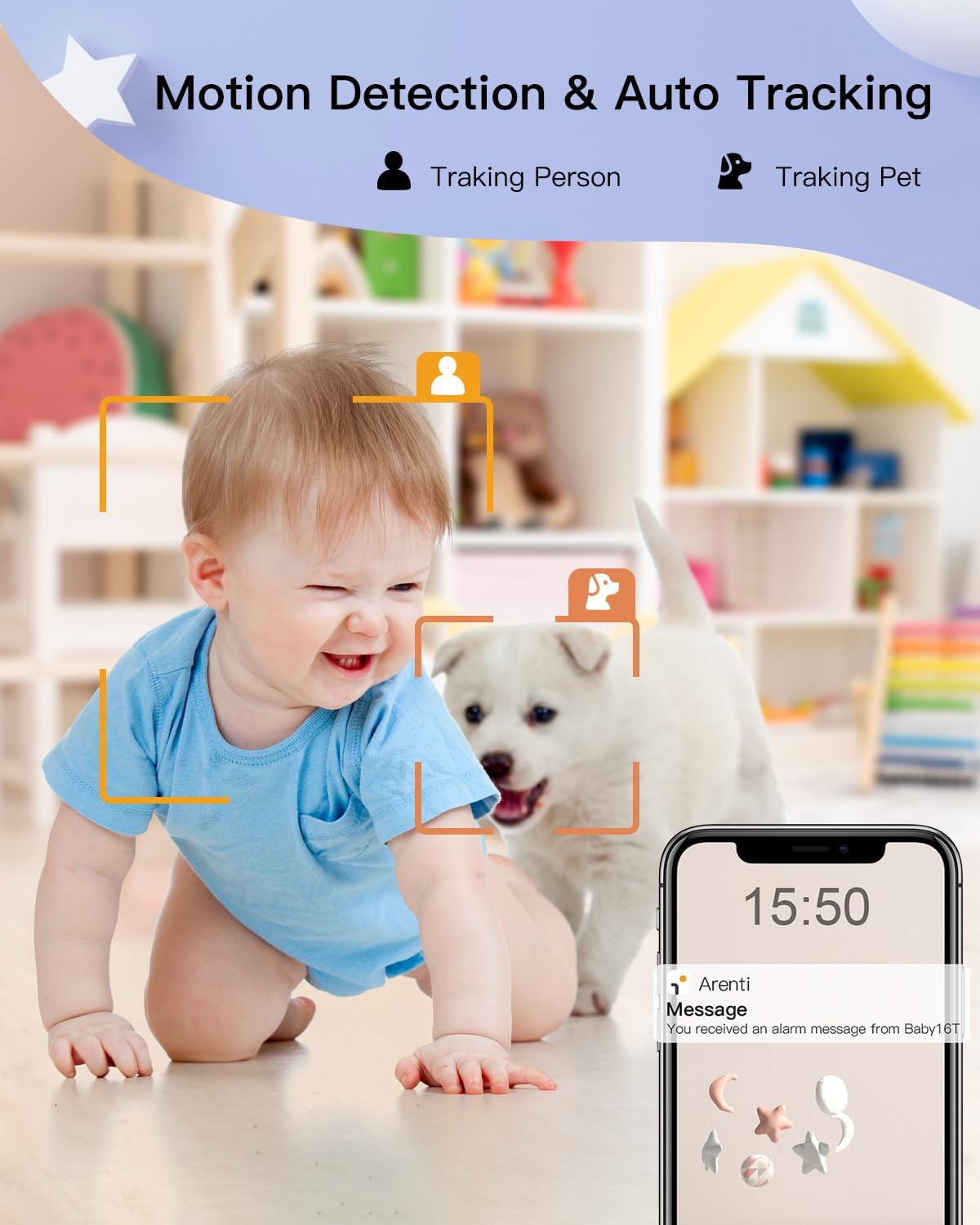 ARENTI Babyfoon met 2 camera's en app 2K/3MP, 5 inch wifi-video-babyfoon PTZ 355°, automatische tracking, schrijfherkenning, temperatuur- en luchtvochtigheidssensor, nachtzicht, compatibel met Alexa