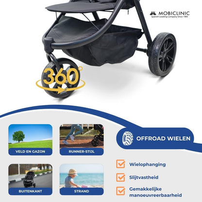 Mobiclinic® kids, Kinderwagen met 3 wielen, Agnes, All-terrain eenhandig handvat, 5-puntsgordel, Achterzak, Sportieve stijl, Eénklik-vouwsysteem, Xxl-mand, Tot 22 kg