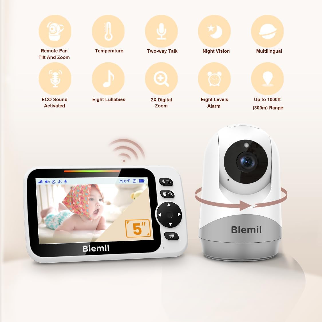 Blemil Monitor voor baby's met batterij van 30 uur, Monitor voor baby's video van groot scherm van 5 inch met camera en audio, nachtzicht, zwabbers, zonder WiFi