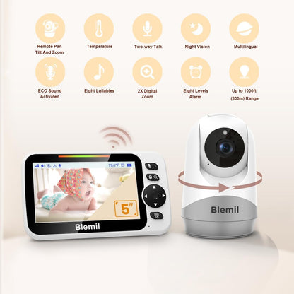 Blemil Monitor voor baby's met batterij van 30 uur, Monitor voor baby's video van groot scherm van 5 inch met camera en audio, nachtzicht, zwabbers, zonder WiFi