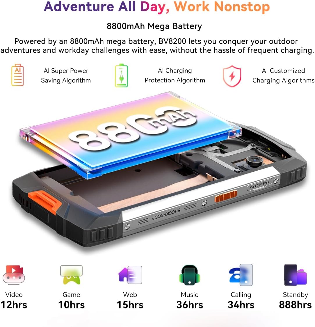Blackview BV8200 Smartphone Incassable, Lampe Torche 170 Lumens, Double Écran, Helio G100 36GB+256GB, 6,5'' 120Hz 2.4K FHD+, Caméra AI 50MP, IP68 IP69K Android 14 Téléphone Étanche, GPS NFC Vert