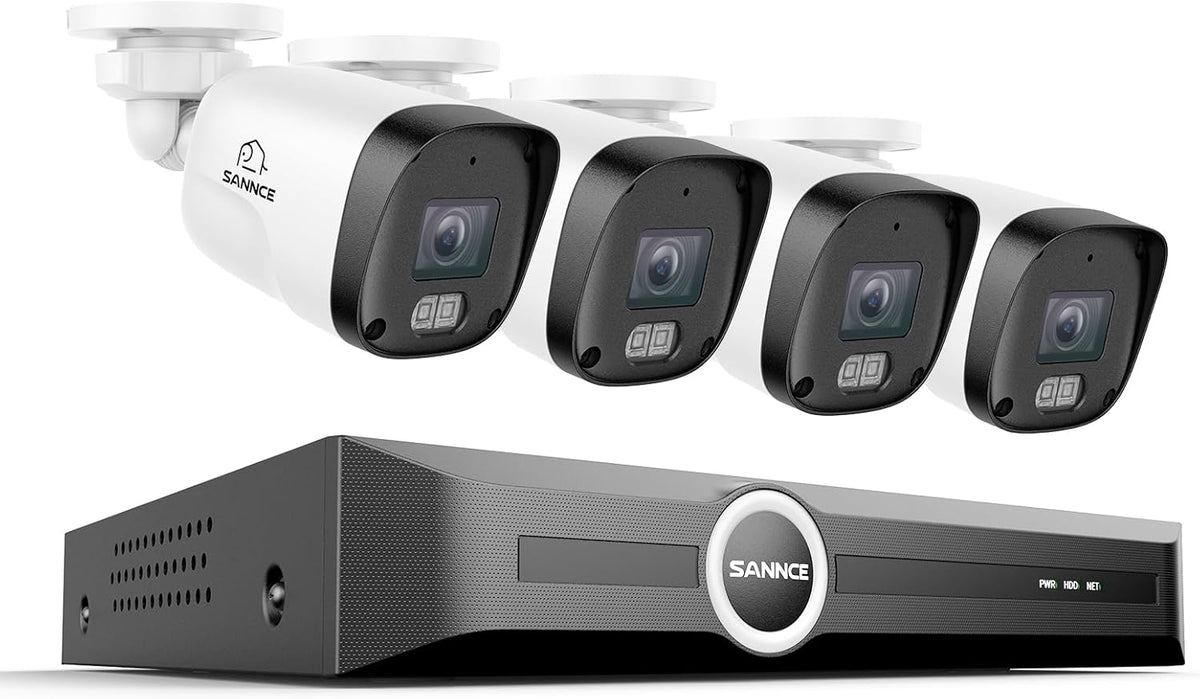 SANNCE PoE Bewakingscameraset, 5MP, 8CH NVR + 4 x 3 MP, waterdicht, met Smart IR-leds, bewegingsdetectie, app-alarm, nachtzicht tot 30 meter