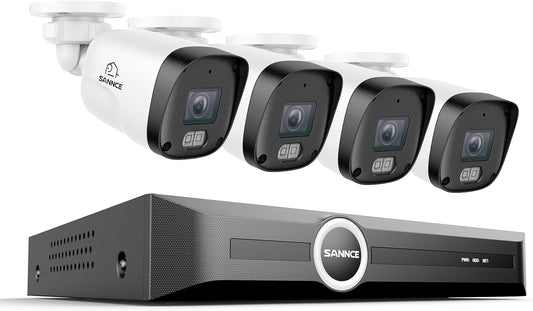 SANNCE PoE Bewakingscameraset, 5MP, 8CH NVR + 4 x 3 MP, waterdicht, met Smart IR-leds, bewegingsdetectie, app-alarm, nachtzicht tot 30 meter
