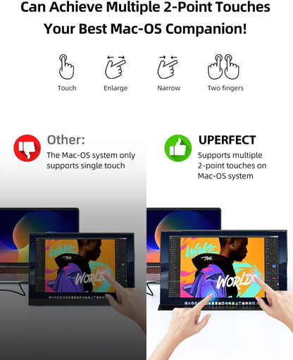 UPERFECT Draagbaar touchscreen, 18,5 inch, 120 Hz, draagbaar, touchscreen, 1920 × 1080 FHD IPS USB C & Mini HDMI, ultradunne verbinding, tweede scherm voor computer/telefoon/gameconsole, VESA