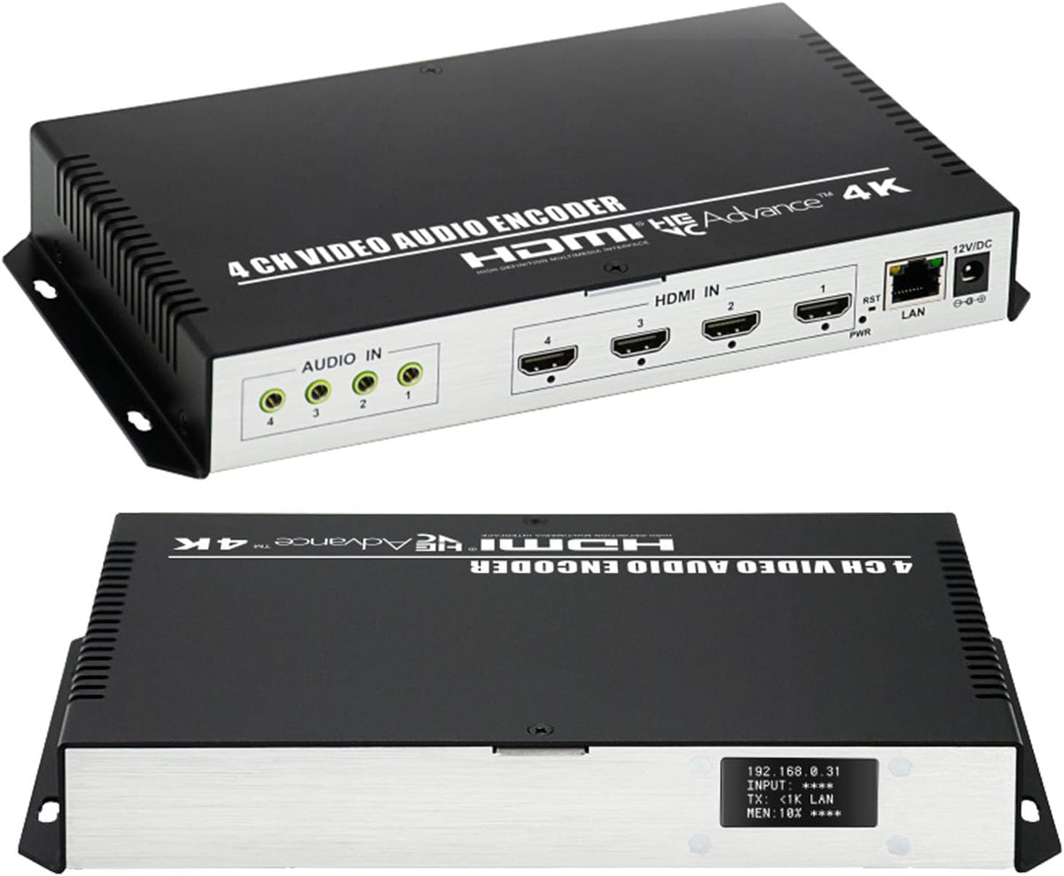 HDMI 4-kanaals 4K H.265 264 MJPEG video-encoder met display, maximaal 16 uitgangen, extra audio HTTP RTSP RTMP RTMPS SRT UDP RTP video-encoder voor Facebook YouTube Twitch