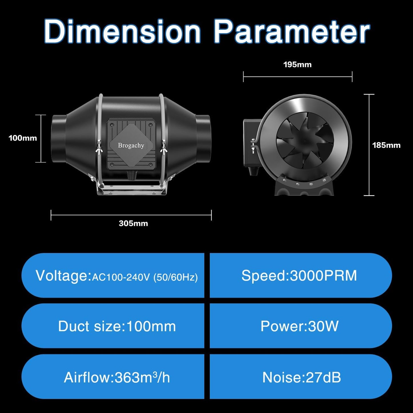 100mm intelligente buisventilator Wifi App, 365 m³/h inlin eafvoerventilator 3000 RPM,Driefasige EC-motor, voor verwarming,koeling, booster, groeitenten, hydroculturen, thuisgebruik.