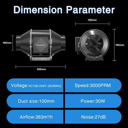 100mm intelligente buisventilator Wifi App, 365 m³/h inlin eafvoerventilator 3000 RPM,Driefasige EC-motor, voor verwarming,koeling, booster, groeitenten, hydroculturen, thuisgebruik.